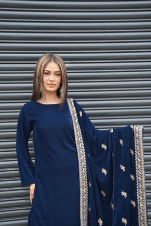 Rozi - Luxury Velvet Outfit with Sequin Embroidered Velvet Shawl - Navy Blue-SB