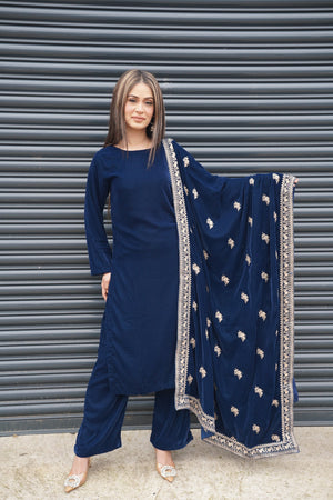 Rozi - Luxury Velvet Outfit with Sequin Embroidered Velvet Shawl - Navy Blue-SB