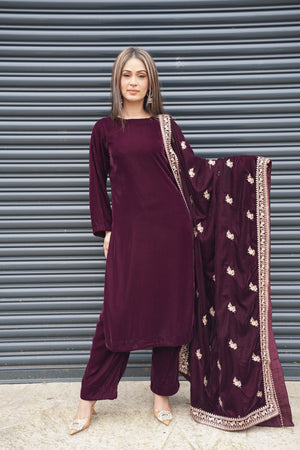 Rozi - Luxury Velvet Outfit with Embroidered Velvet Shawl - Plum-SB