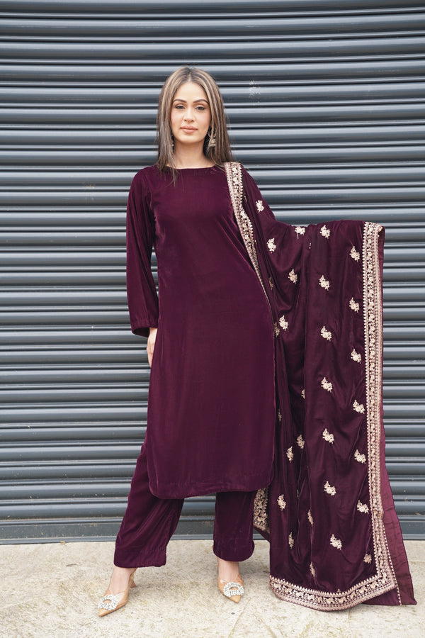Rozi - Luxury Velvet Outfit with Embroidered Velvet Shawl - Plum-SB