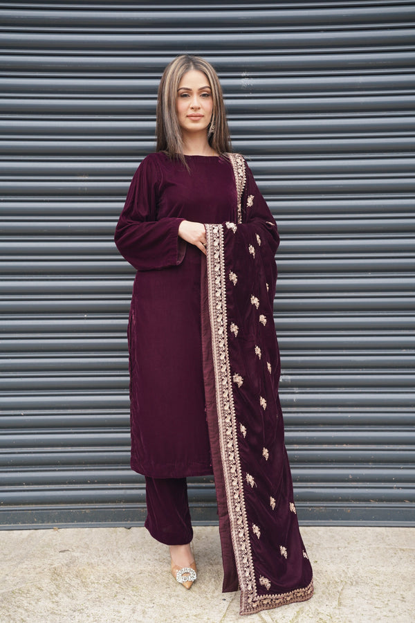 Rozi - Luxury Velvet Outfit with Embroidered Velvet Shawl - Plum-SB