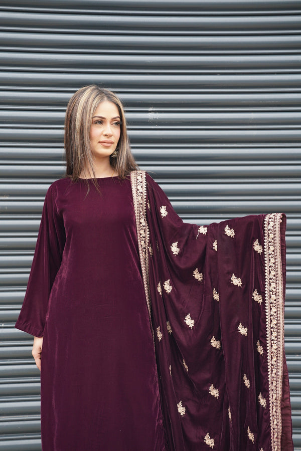 Rozi - Luxury Velvet Outfit with Embroidered Velvet Shawl - Plum-SB