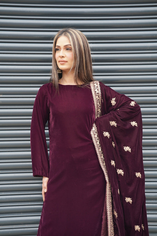 Rozi - Luxury Velvet Outfit with Embroidered Velvet Shawl - Plum-SB