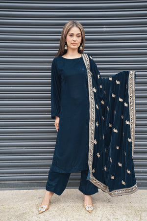 Rozi - Luxury Velvet Outfit with Embroidered Velvet Shawl - Zinc-SB