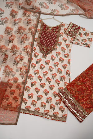 Rozi  - Embroidered Crepe Silk Outfit With Plazzo Bottoms and Dupatta - Ready to Wear SD516