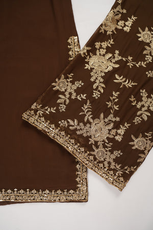 Chiffon Outfit with Chiffon Dupatta and Plazzo  - Ready to Wear - Brown - SD294