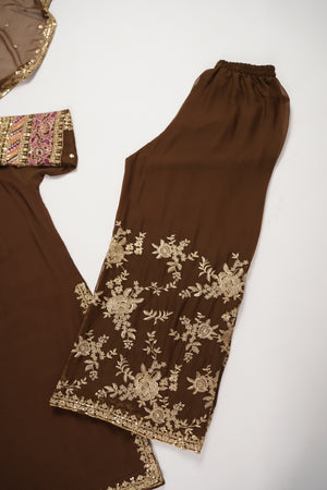 Chiffon Outfit with Chiffon Dupatta and Plazzo  - Ready to Wear - Brown - SD294
