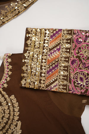 Chiffon Outfit with Chiffon Dupatta and Plazzo  - Ready to Wear - Brown - SD294