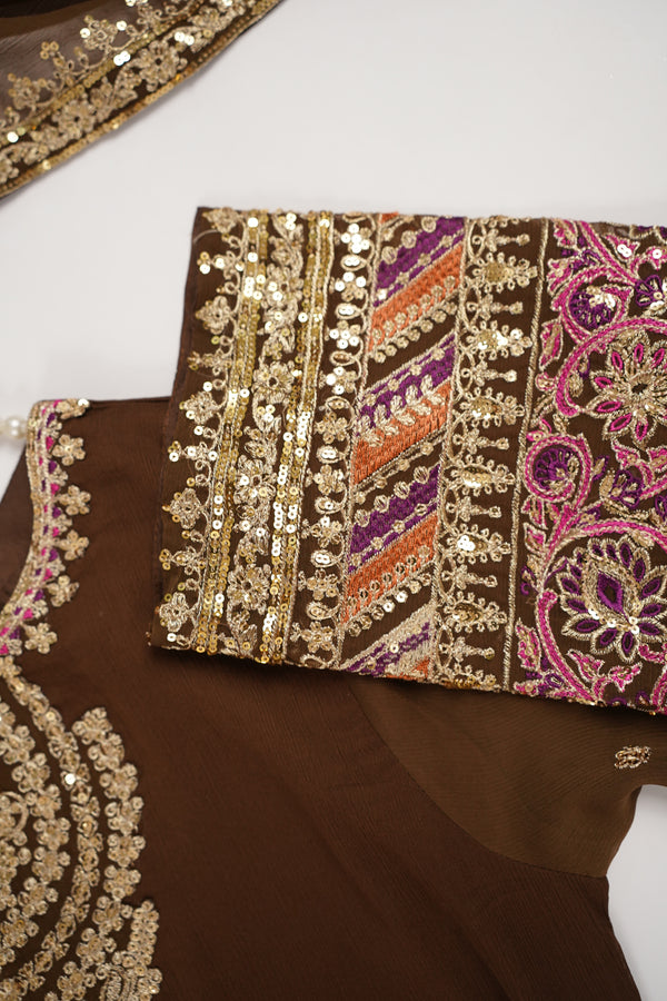 Chiffon Outfit with Chiffon Dupatta and Plazzo  - Ready to Wear - Brown - SD294