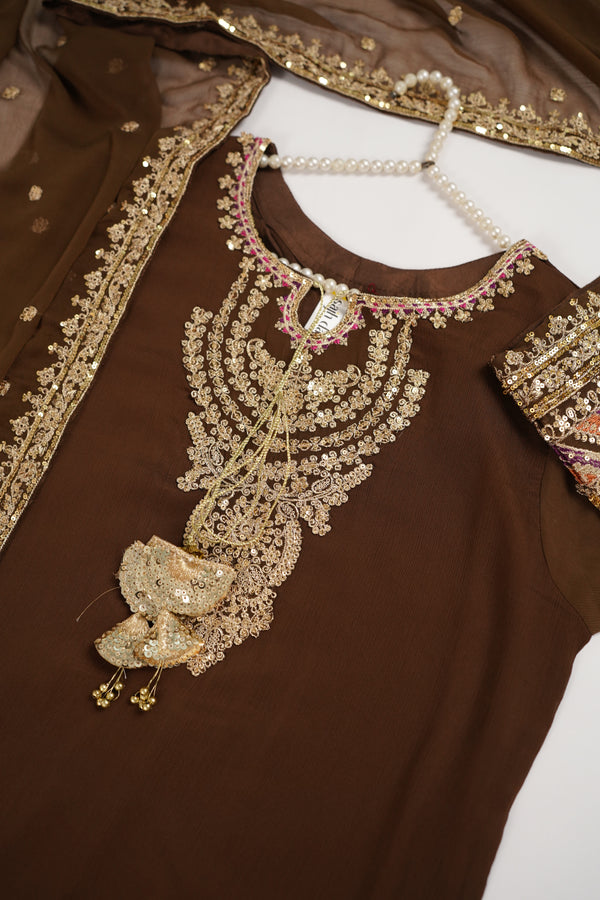 Chiffon Outfit with Chiffon Dupatta and Plazzo  - Ready to Wear - Brown - SD294