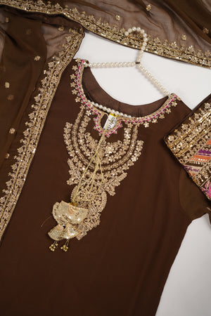 Chiffon Outfit with Chiffon Dupatta and Plazzo  - Ready to Wear - Brown - SD294