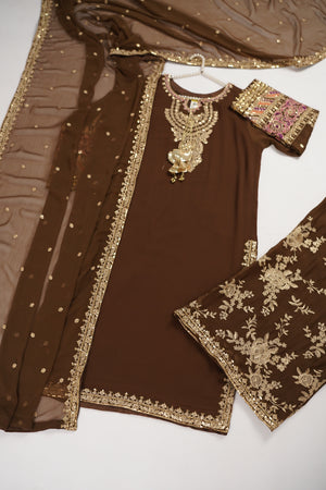 Chiffon Outfit with Chiffon Dupatta and Plazzo  - Ready to Wear - Brown - SD294