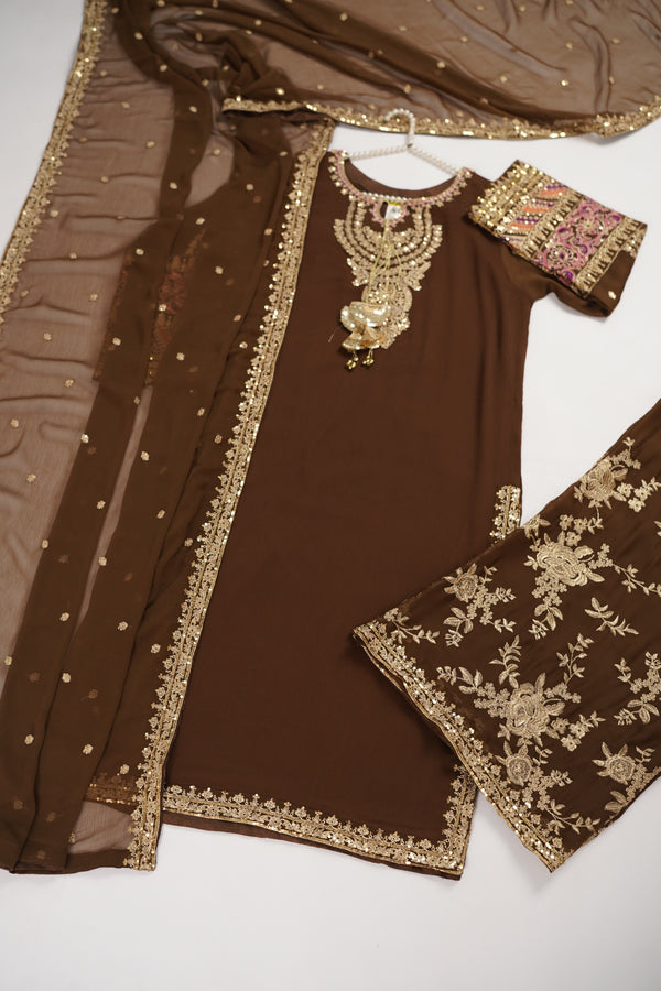Chiffon Outfit with Chiffon Dupatta and Plazzo  - Ready to Wear - Brown - SD294