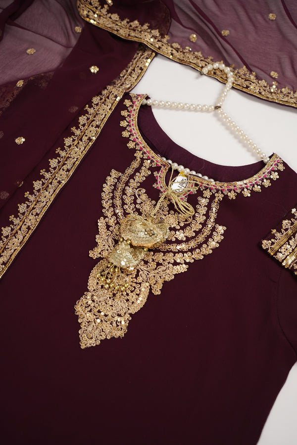 Chiffon Outfit with Chiffon Dupatta and Plazzo  - Ready to Wear - Grape Purple-SD288