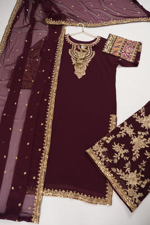 Chiffon Outfit with Chiffon Dupatta and Plazzo  - Ready to Wear - Grape Purple-SD288