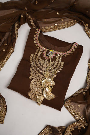 Chiffon Outfit with Chiffon Dupatta and Plazzo  - Ready to Wear - Brown - SD294