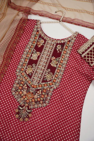 Rozi  - Embroidered Crepe Silk Outfit With Plazzo Bottoms and Dupatta - Ready to Wear SD527