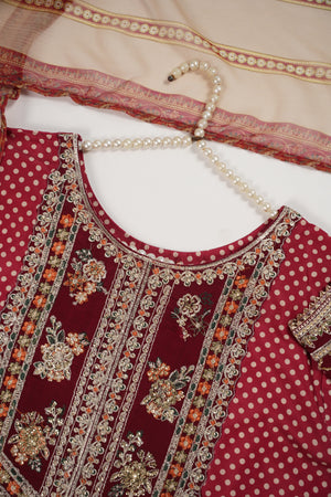 Rozi  - Embroidered Crepe Silk Outfit With Plazzo Bottoms and Dupatta - Ready to Wear SD527