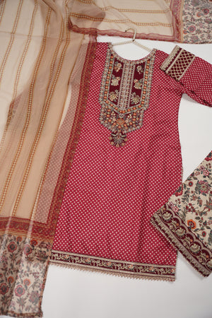 Rozi  - Embroidered Crepe Silk Outfit With Plazzo Bottoms and Dupatta - Ready to Wear SD527