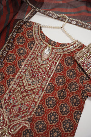 Rozi  - Embroidered Crepe Silk Outfit With Plazzo Bottoms and Dupatta - Ready to Wear SD528