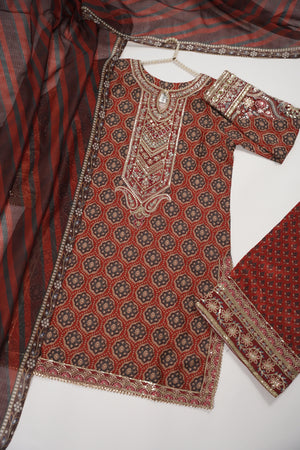 Rozi  - Embroidered Crepe Silk Outfit With Plazzo Bottoms and Dupatta - Ready to Wear SD528