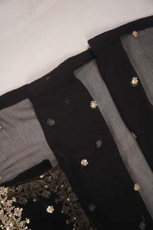 Chiffon Outfit with Chiffon Dupatta and Plazzo  - Ready to Wear - Black-SD251