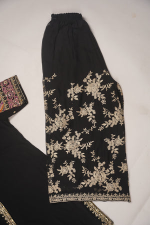 Chiffon Outfit with Chiffon Dupatta and Plazzo  - Ready to Wear - Black-SD251