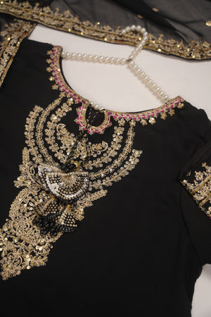Chiffon Outfit with Chiffon Dupatta and Plazzo  - Ready to Wear - Black-SD251