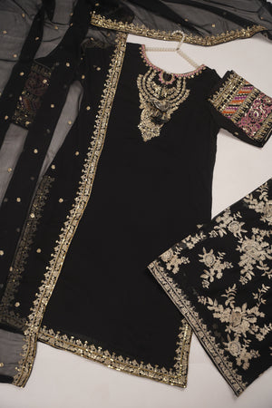 Chiffon Outfit with Chiffon Dupatta and Plazzo  - Ready to Wear - Black-SD251