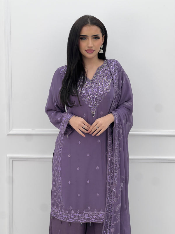 Husan e Jahan - Luxury Chiffon Outfit with Chiffon Dupatta And Plazzo - Ready to Wear- SB-HEJ-V6-D4