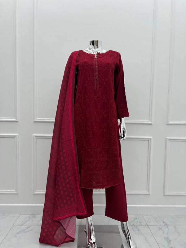 Budget Wear - Maroon Embroidered Dhanak Outfit- Ready to Wear - SD-SA01