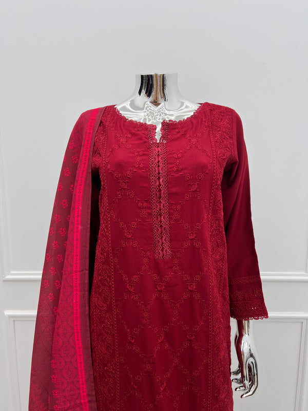 Budget Wear - Maroon Embroidered Dhanak Outfit- Ready to Wear - SD-SA01