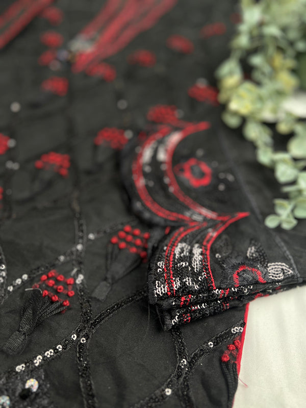 Sajh Dajh Eid 2023 - Luxury Organza Ready to Wear Full Suit in Black and Red