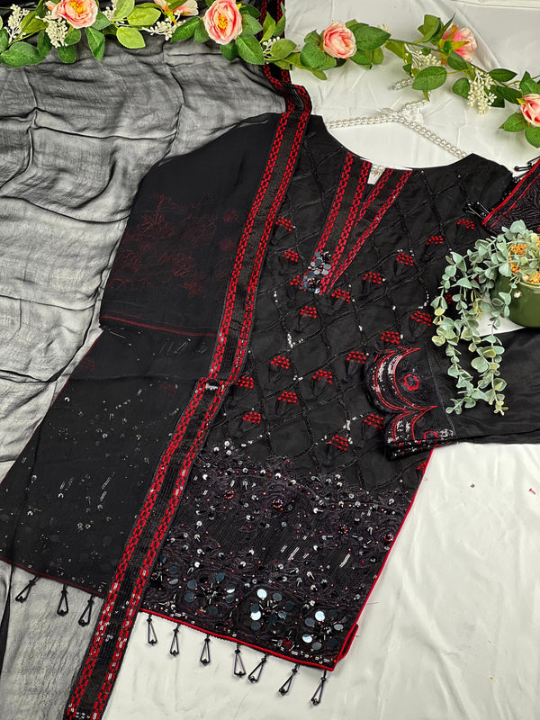 Sajh Dajh Eid 2023 - Luxury Organza Ready to Wear Full Suit in Black and Red
