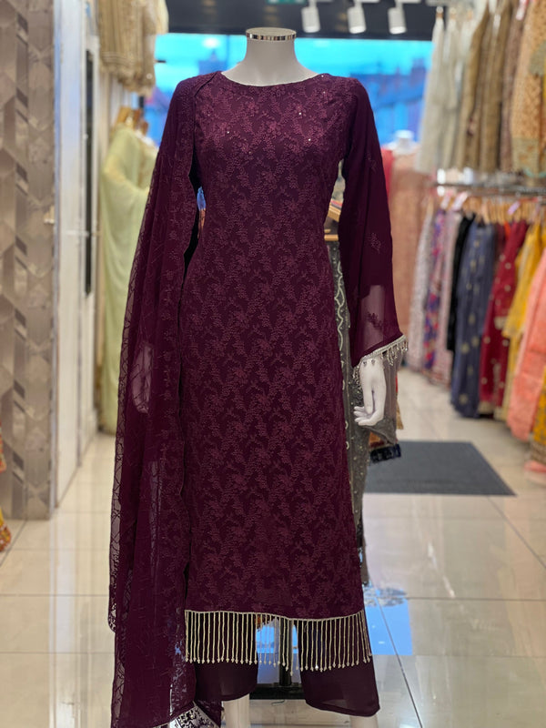 Sajh Dajh Husan e Jahan - Luxury Chiffon Suit with Chiffon Dupatta in Burgundy- Ready to Wear