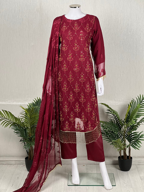 Sajh Dajh Husan e Jahan - Luxury Chiffon Suit with Chiffon Dupatta in Maroon - Ready to Wear