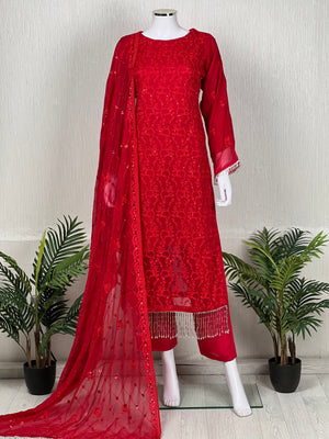 Sajh Dajh Husan e Jahan - Luxury Chiffon Suit with Chiffon Dupatta in Red - Ready to Wear