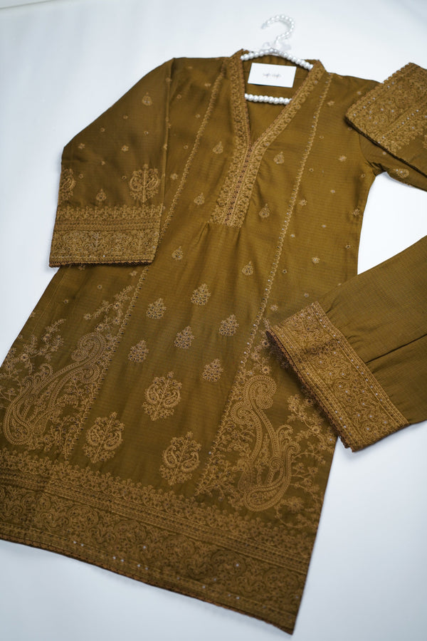 Sajh Dajh Muhazzib - Embroidered Khaddar Shirt with Trouser - Ready to Wear