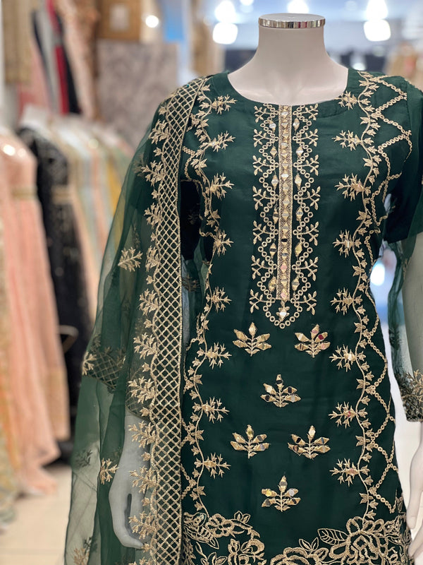 Sajh Dajh Naqsh - Luxury Organza Ready to Wear Mirror Suit in Emerald Green
