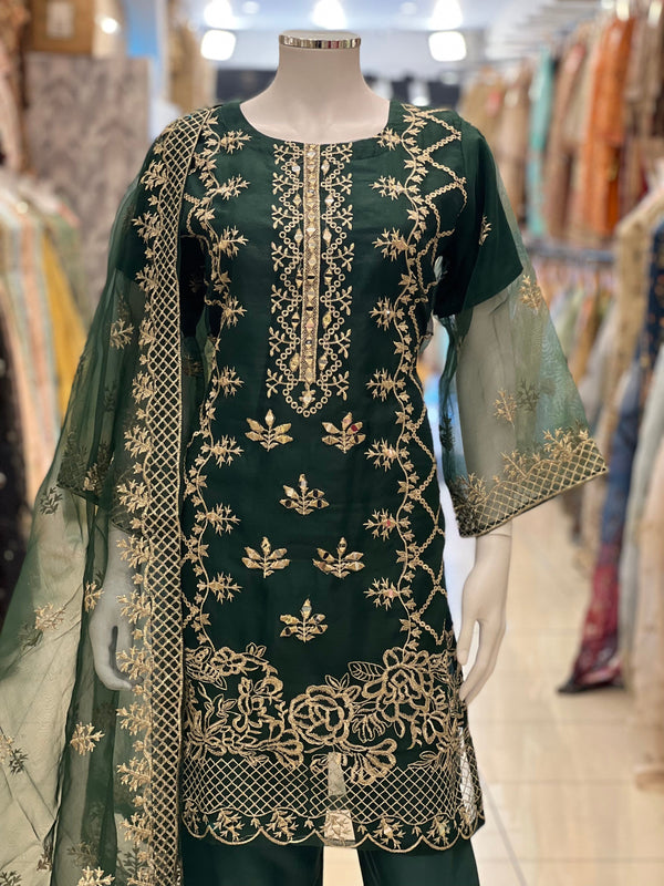 Sajh Dajh Naqsh - Luxury Organza Ready to Wear Mirror Suit in Emerald Green