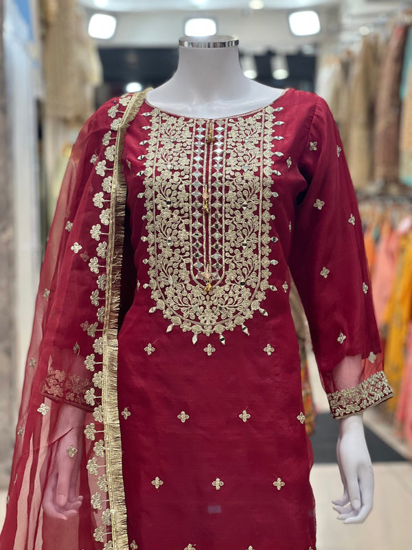 Sajh Dajh Naqsh - Luxury Organza Ready to Wear Mirror Suit in Maroon