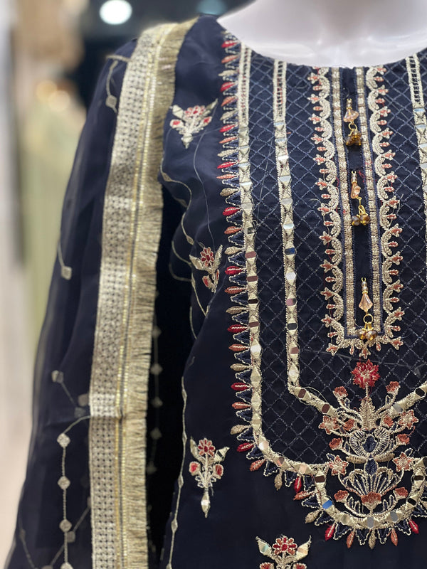 Sajh Dajh Naqsh - Luxury Organza Ready to Wear Mirror Suit in Navy Blue