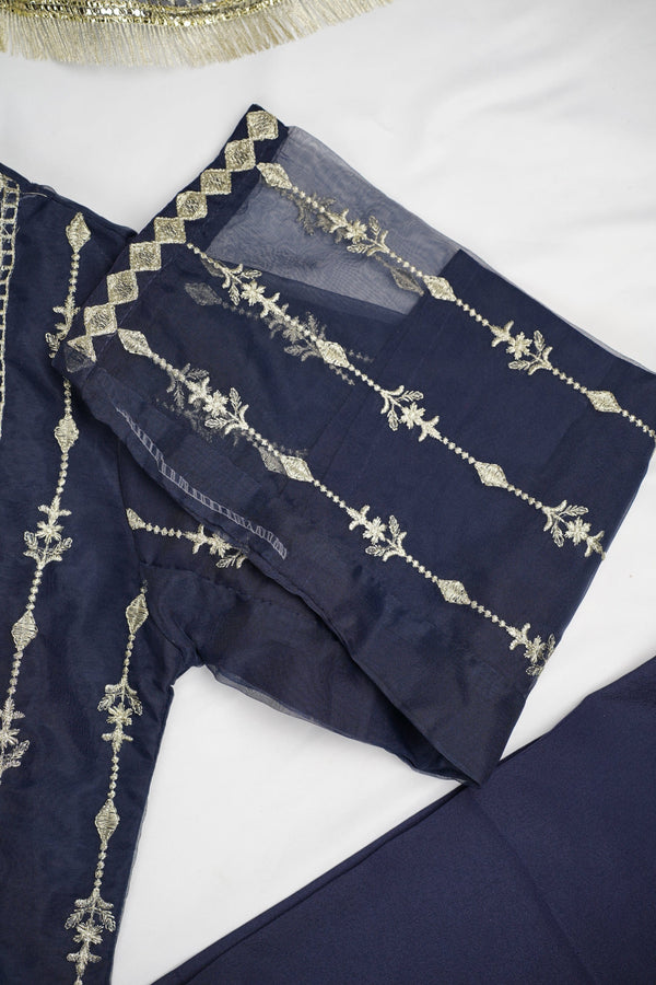 Sajh Dajh Naqsh - Luxury Organza Ready to Wear Mirror Suit in Navy Blue