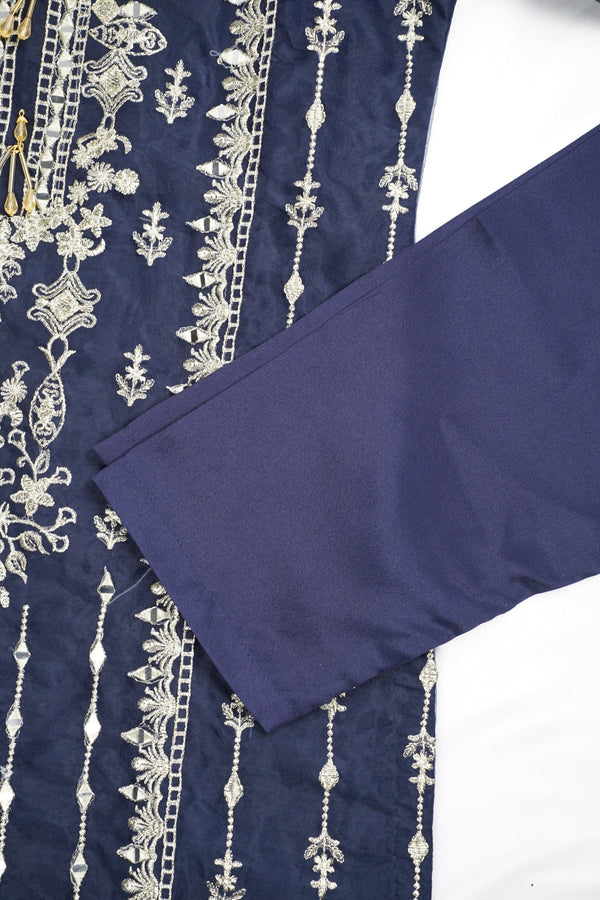 Sajh Dajh Naqsh - Luxury Organza Ready to Wear Mirror Suit in Navy Blue