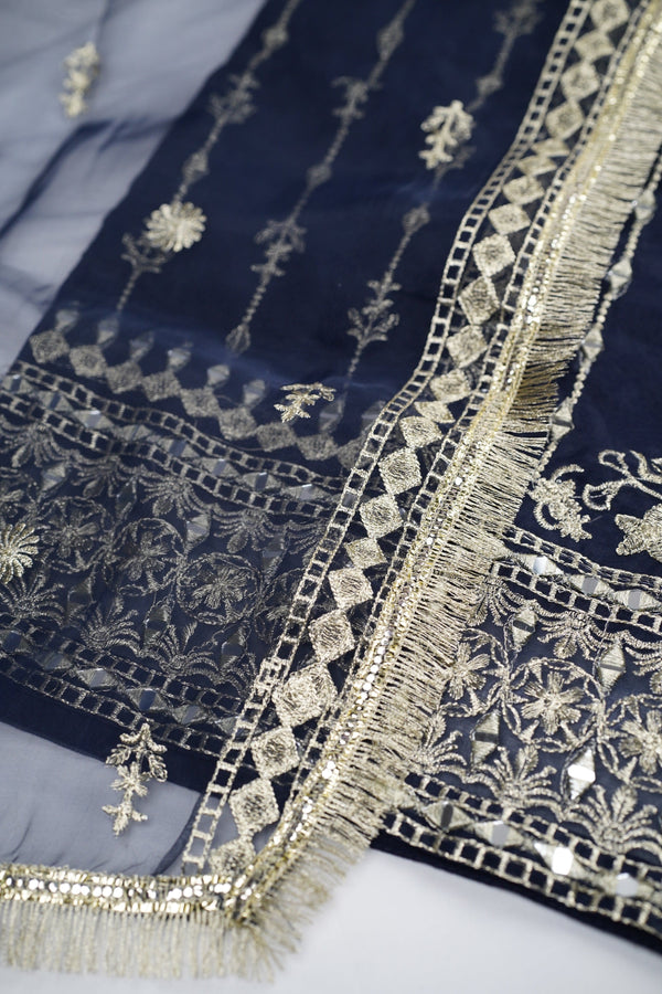 Sajh Dajh Naqsh - Luxury Organza Ready to Wear Mirror Suit in Navy Blue