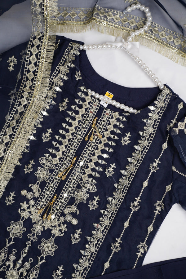 Sajh Dajh Naqsh - Luxury Organza Ready to Wear Mirror Suit in Navy Blue