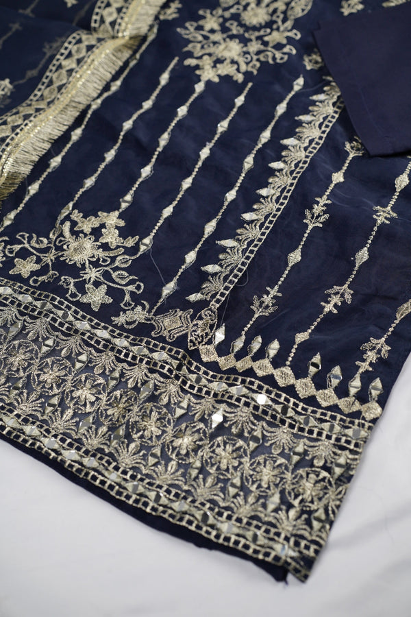 Sajh Dajh Naqsh - Luxury Organza Ready to Wear Mirror Suit in Navy Blue