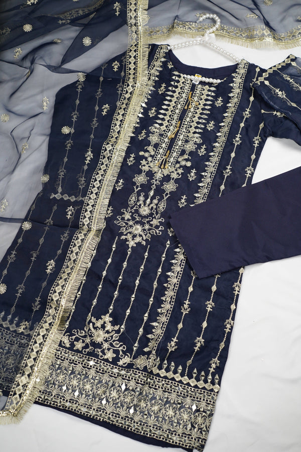 Sajh Dajh Naqsh - Luxury Organza Ready to Wear Mirror Suit in Navy Blue