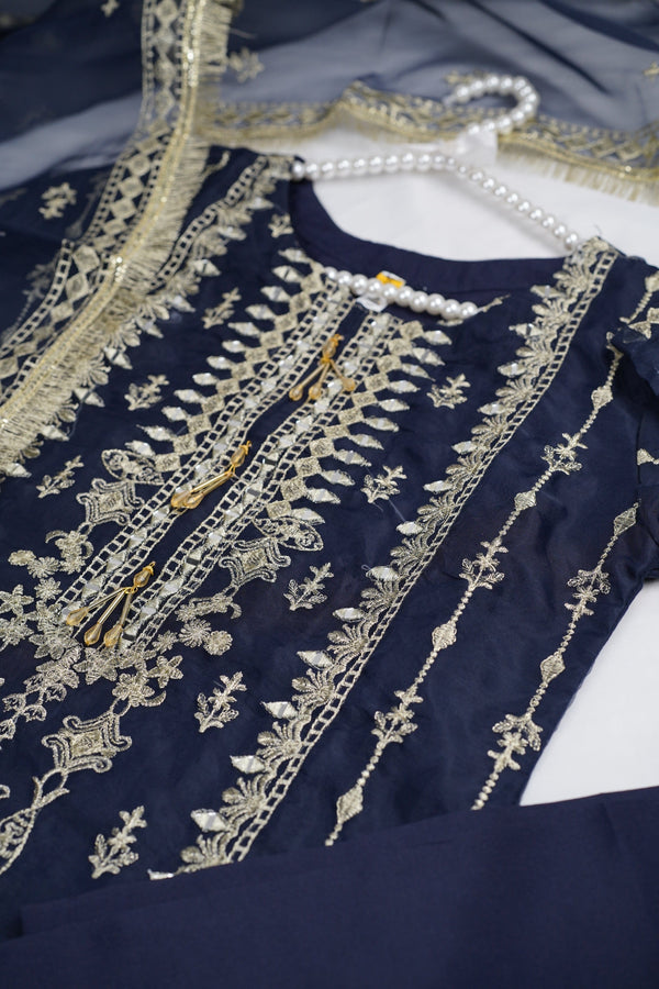 Sajh Dajh Naqsh - Luxury Organza Ready to Wear Mirror Suit in Navy Blue