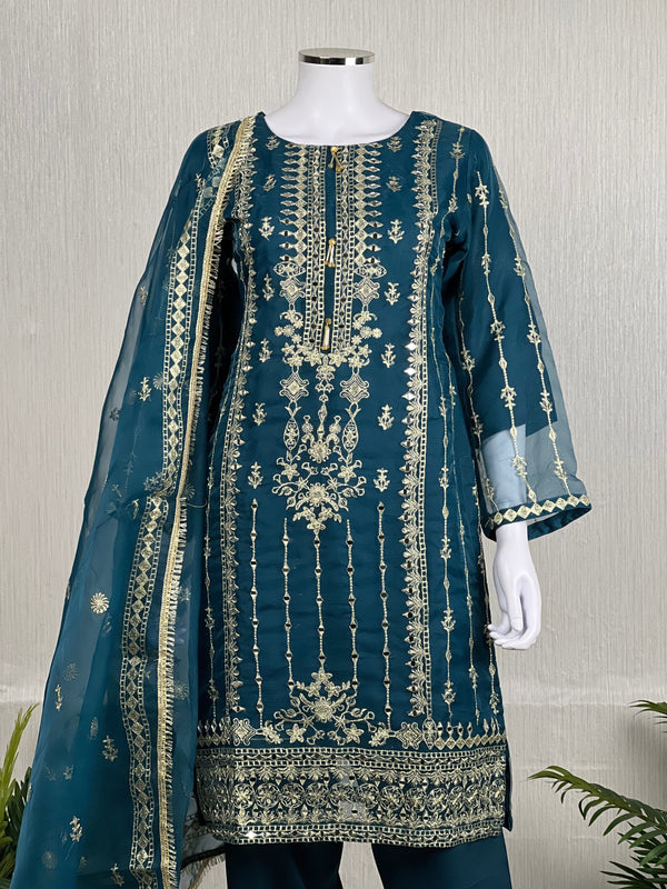 Sajh Dajh Naqsh - Luxury Organza Ready to Wear Mirror Suit in Teal/Zinc